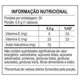 Tabela de informação nutricional do Ácido Hialurônico, com os valores de Ácido Hialurônico, Vitamina C e Vitamina E por porção.