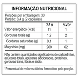 Tabela de informação nutricional do suplemento Three Mag, detalhando os valores de magnésio, gorduras e valor energético por porção.
